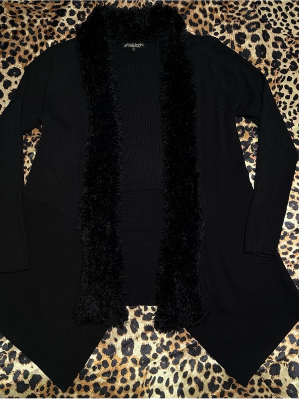 Y2K Absolutely Famous Black Ribbed Cardigan with Faux Fur Trim